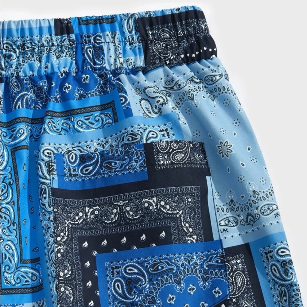 Drawstring Waist Blue Paisley Patchwork Shorts Ne… - image 3